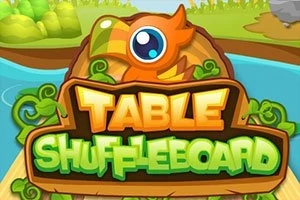 Barevné logo s názvem Table Shuffleboard na pozadí přírody s řekou a stromy