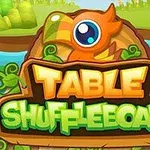 Barevné logo s názvem Table Shuffleboard na pozadí přírody s řekou a stromy