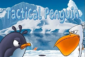 Tučňák a pták s oranžovým zobákem stojí proti sobě na ledovci s nápisem Tactical Penguin v pozadí