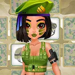 Žena s krátkými černými vlasy v zelené vojenské uniformě s baretem a barevnými malbami na tváři stojí před mřížkou obrázků s maskovacím vzorem