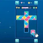 Barevné geometrické tvary ve tvaru kříže na modrém pozadí s ručičkou ukazující na růžový dílek k přemístění