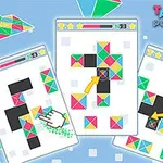 Barevné geometrické tvary v puzzle rozložení na modrém pozadí