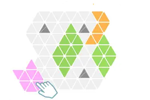 Barevné trojúhelníky uspořádané do tvaru hexagonu s kreslenou rukou přidávající další trojúhelníky