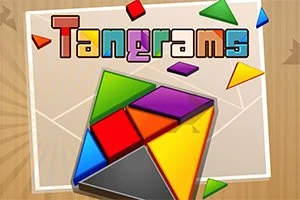 Barevné geometrické tvary skládající obrazec s nápisem Tangrams nahoře