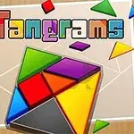 Barevné geometrické tvary skládající obrazec s nápisem Tangrams nahoře
