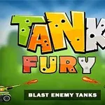 Barevný nápis Tank Fury na zeleném pozadí s obrázky dvou kreslených tanků střílejících projektily