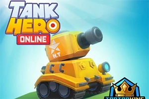 Žlutý kreslený tank s kanónem na modrém pozadí s logem Tank Hero Online a korunou v rohu
