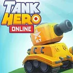 Žlutý kreslený tank s kanónem na modrém pozadí s logem Tank Hero Online a korunou v rohu