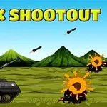 Černý tank na travnaté krajině se zelenými horami v pozadí, střílející rakety a exploze