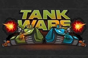Dva kreslené tanky, jeden zelený a druhý modrý, střílející proti sobě s velkým nápisem v pozadí