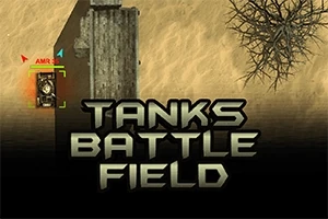 Pouštní krajina s tankem u zdi a stromem, s nápisem „Tanks Battle Field“