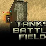 Pouštní krajina s tankem u zdi a stromem, s nápisem „Tanks Battle Field“