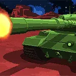 Zelený tank střílí na červené planetě s hvězdnatou oblohou v pozadí
