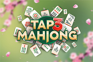 Nápis TAP 3 MAHJONG obklopený mahjongovými dlaždicemi na zeleném pozadí s růžovými květy