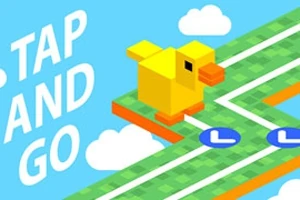Žlutá pixelová kachna na zelené cestě v oblacích s nápisem TAP AND GO