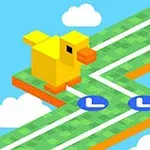 Žlutá pixelová kachna na zelené cestě v oblacích s nápisem TAP AND GO
