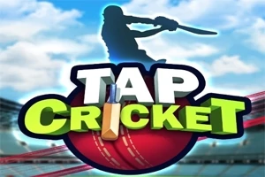 Silueta hráče kriketu máchá pálkou nad nápisem „Tap Cricket“ s kriketovým míčkem v pozadí