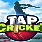 Silueta hráče kriketu máchá pálkou nad nápisem „Tap Cricket“ s kriketovým míčkem v pozadí