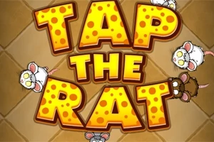 Název TAP THE RAT na žlutém pozadí s kreslenými myšmi okolo