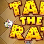 Název TAP THE RAT na žlutém pozadí s kreslenými myšmi okolo