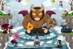 Obří minotaur s rohy a křídly stojí uprostřed ledového údolí, obklopený různými postavami, včetně tanku a osob s kouzelnými a bojovými schopnostmi