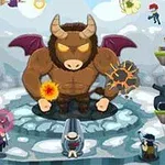 Obří minotaur s rohy a křídly stojí uprostřed ledového údolí, obklopený různými postavami, včetně tanku a osob s kouzelnými a bojovými schopnostmi