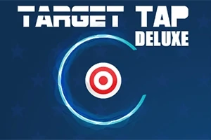Modrá obrazovka s názvem „Target Tap Deluxe“ a červenobílým terčem uprostřed