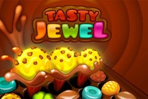 Nápis Tasty Jewel s obrázkem tří žlutých zmrzlinových kopečků posypaných kousky čokolády na čokoládovém pozadí