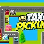 Barevná ilustrace cesty se zaparkovanými taxíky a nápisem Taxi Pickup uprostřed