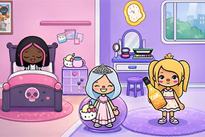 Dívčí pokoj s postelí a dekoracemi, dvě dívky v kostýmech, jedna drží lahev