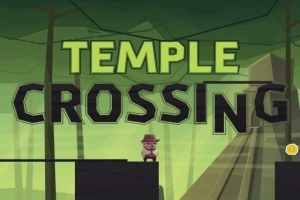 Postava s kloboukem stojí na plošině uprostřed džungle s velkým nápisem TEMPLE CROSSING v pozadí