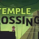 Postava s kloboukem stojí na plošině uprostřed džungle s velkým nápisem TEMPLE CROSSING v pozadí