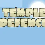 Název Temple Defence zobrazen velkými písmeny na modrém pozadí se sluncem a malými postavičkami