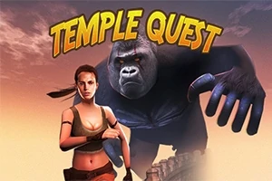 Žena v akčním postoji před obřím gorilou na pozadí s nápisem TEMPLE QUEST