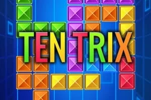 Barevné bloky v různých tvarech na modrém pozadí s textem TEN TRIX uprostřed