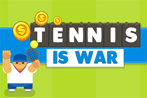 Kreslená postavička tenisty držící raketu s textem Tennis is War a mincemi na zeleno-modrém pozadí