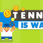 Kreslená postavička tenisty držící raketu s textem Tennis is War a mincemi na zeleno-modrém pozadí