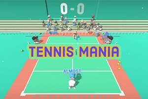 Kreslený tenisový kurt s hráčem postavou, diváky na tribuně a textem Tennis Mania uprostřed