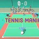 Kreslený tenisový kurt s hráčem postavou, diváky na tribuně a textem Tennis Mania uprostřed
