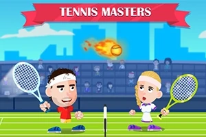 Dvě kreslené postavy s raketami hrají tenis na kurtu, přičemž mezi nimi letí hořící tenisový míček