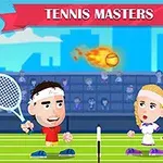 Dvě kreslené postavy s raketami hrají tenis na kurtu, přičemž mezi nimi letí hořící tenisový míček