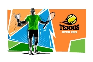 Silueta tenisty s raketou a trofejí na barevném geometrickém pozadí s nápisem Tennis Open 2021