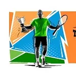 Silueta tenisty s raketou a trofejí na barevném geometrickém pozadí s nápisem Tennis Open 2021