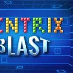 Barevné písmo na modrém, mřížkovaném pozadí s nápisem TENTRIX BLAST