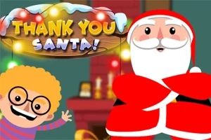 Santa Claus a usmívající se dítě s kulatými brýlemi před vánočně vyzdobeným pozadím s dřevěnou cedulí