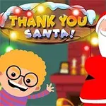 Santa Claus a usmívající se dítě s kulatými brýlemi před vánočně vyzdobeným pozadím s dřevěnou cedulí