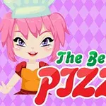 Dívka s růžovými vlasy v kuchařské čepici vedle nápisu „The Best Pizza“ na fialovém šachovnicovém pozadí