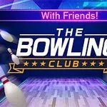 Nápis The Bowling Club na pozadí bowlingové dráhy s letícími kuželkami