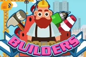 Kreslená postava stavitele s červenými vlasy a žlutou helmou, obklopená nářadím a budovami, s nápisem BUILDERS v popředí