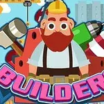 Kreslená postava stavitele s červenými vlasy a žlutou helmou, obklopená nářadím a budovami, s nápisem BUILDERS v popředí